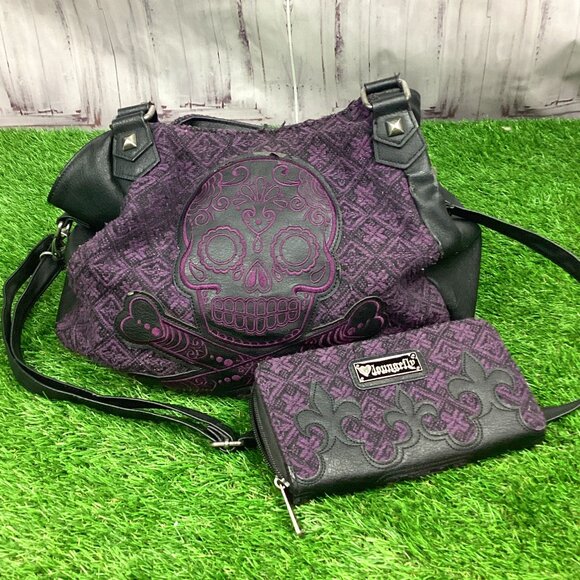 LOUNGEFLY Purple Sugar Skull Bag & Wallet Embroidered - Picture 1 of 16